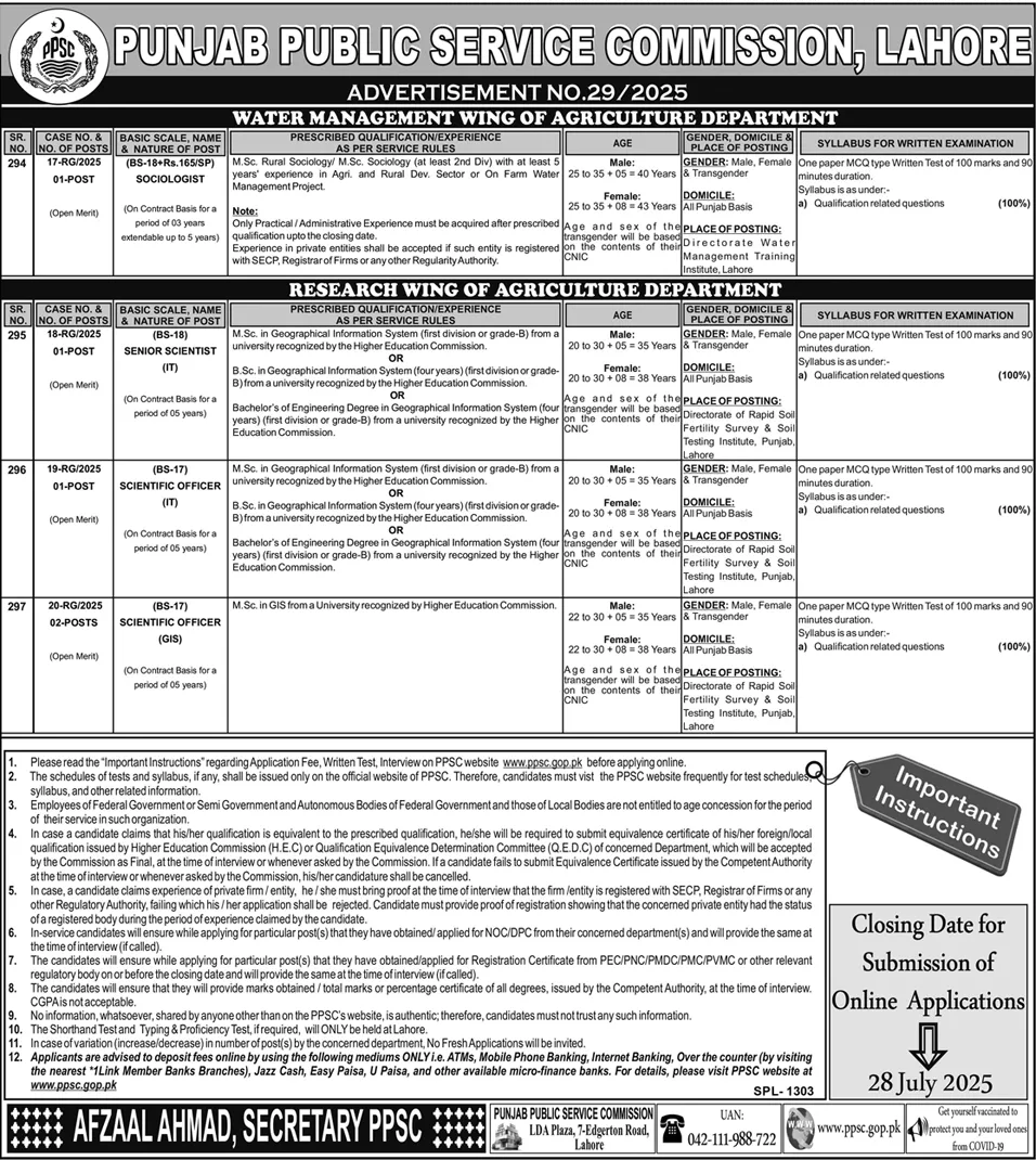 Jobs in Water Management Wing of Agriculture Department Lahore
